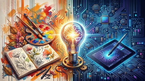 Creative art tools and digital tablet on circuit background with glowing light bulb brain concept with supplies digital circuit board illustration
