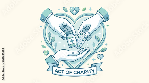 Tablou pe pânză Illustration of two hands holding a heart with a band-aid in a heart-shaped frame with leaves and hearts with a banner reading 'ACT OF CHARITY'