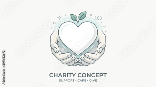 Bild auf Leinwand A graphic design concept featuring hands cradling a heart-shaped apple with a leaf on a white background with a charity theme and a minimalist illustration style