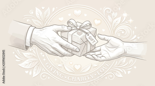 Bild auf Leinwand Illustration of two hands exchanging a gift box with a ribbon on a beige background with floral designs and a Giving Tuesday logo