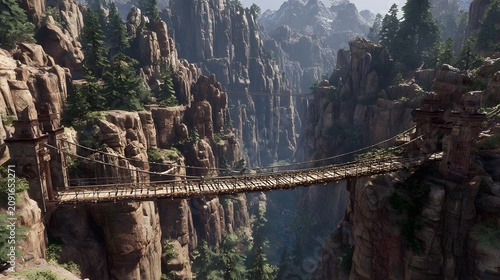 Suspension bridge spans a deep, forested canyon with sheer rock walls.