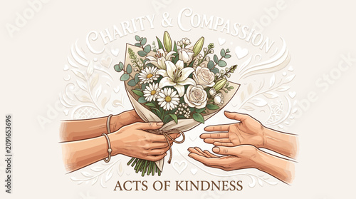 Konstfotografi Illustration of two hands exchanging a bouquet of flowers with green leaves against a beige background with 'Charity & Compassion' and 'Acts of Kindness' text