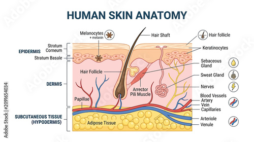 Принти на полотні Human Skin Anatomy Diagram: Epidermis, Dermis, and Hypodermis Layers