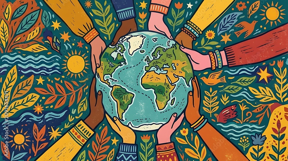 Fototapeta premium Diverse hands holding a globe surrounded by colorful nature elements