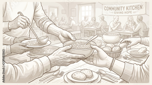 Tableau sur toile Sepia-toned illustration of people serving and sharing food in a community kitchen with a warm atmosphere and abundant table settings