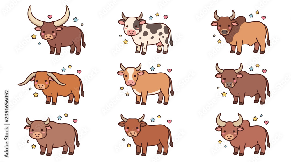 Fototapeta premium Collection of different cow and bull cartoon stickers.