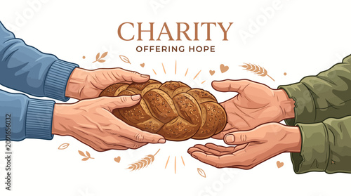 Bild auf Leinwand Illustration of two hands exchanging a loaf of bread with a charity theme and offering hope on a white background