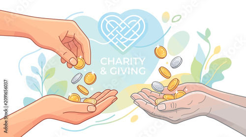 Obraz na płótnie Illustration of two hands exchanging coins with a charity and giving theme, featuring a heart-shaped logo and leaves on a white background with a colorful design