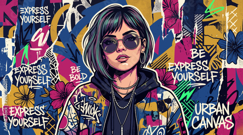 Bild auf Leinwand Vibrant illustration of a young woman with dark hair and sunglasses wearing a colorful jacket with motivational phrases in a lively urban setting
