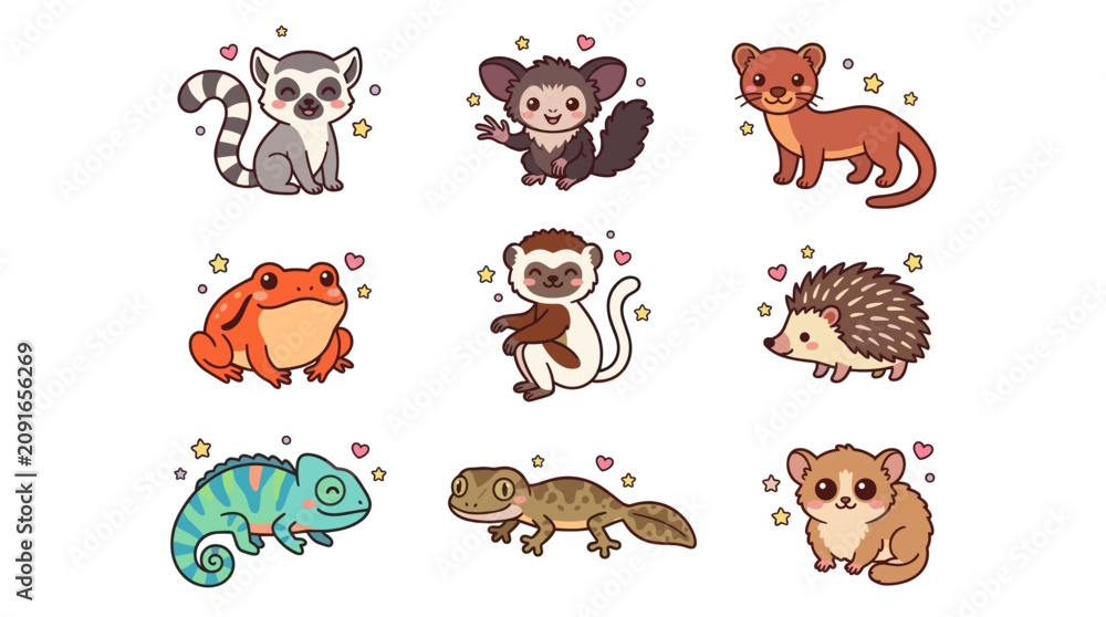Fototapeta premium Set of nine cute cartoon African wildlife animal characters.