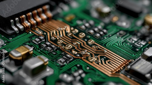 Circuit board texture, green PCB with copper traces and silver solder pads, electronic components background, technology pattern 