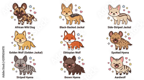 Bild auf Leinwand Cartoon African canids and hyenas labeled set.