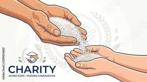 Canvastavla Illustration of two hands exchanging rice grains with a charity logo and tagline on a white background
