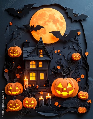 Haunted House Glowing Under Full Moon with Jack O Lanterns and Bats
