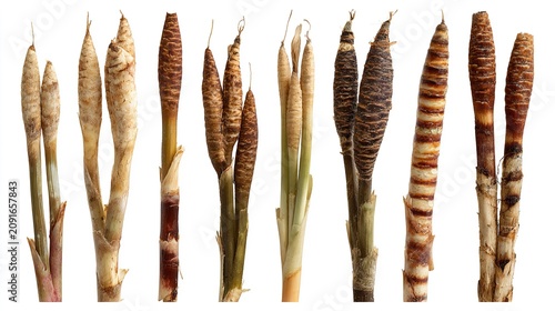Variety of cattail plants on white background