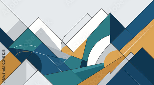 Obraz na plátně Abstract geometric composition with overlapping shapes in shades of blue, green, yellow, and gray on a light gray background