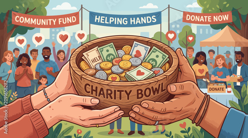 Foto Illustration of two hands holding a charity bowl filled with money and coins in