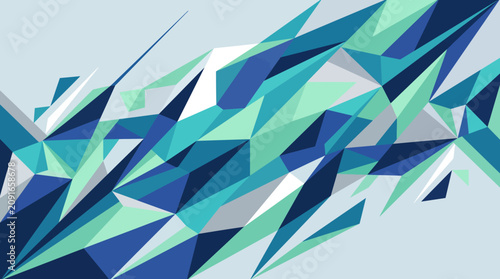 Quadro su tela Geometric abstract pattern of blue and green triangles on a light background, with a dynamic composition and calming color palette