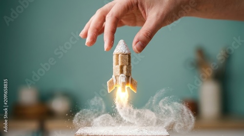 A hand placing a small rocket ship made of sugar cubes onto a base with a cloud of powdered sugar smoke representing a sweet launch concept