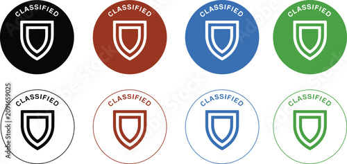 Принти на полотні A collection of classified security badges in various colors and designs