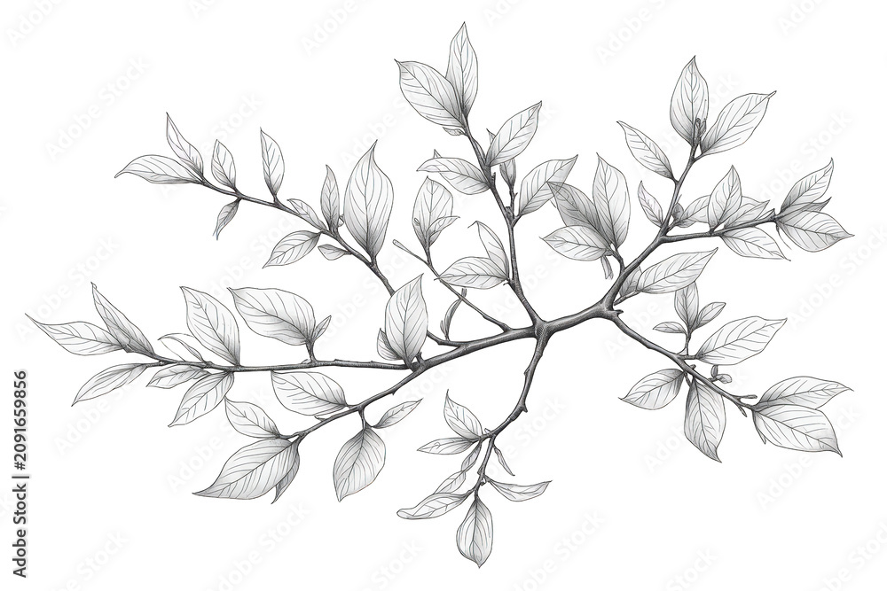 Fototapeta premium Botanical drawing representing a deciduous tree branch with leaves and buds, black and white sketch art style, transparent background
