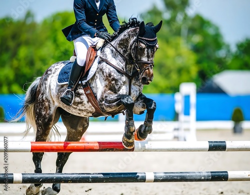 Equestrian Rider on Horse Jumping Over Hurdle in Competition Field