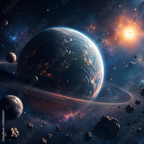 Ringed Alien Planet Surrounded by Moons and Asteroids.