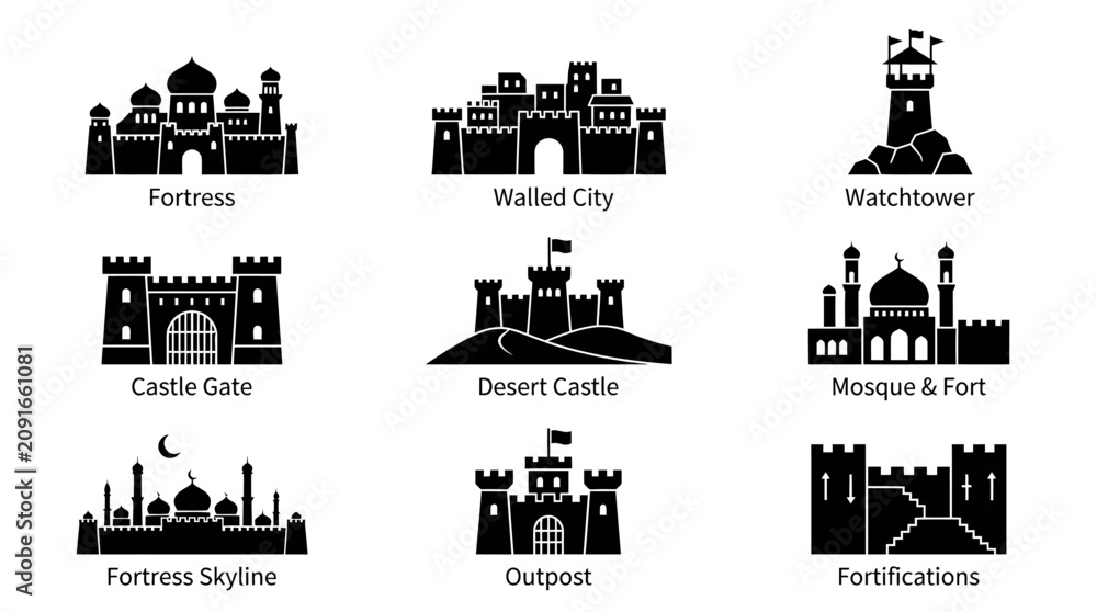 Fototapeta premium Black and white fortified castle icons.