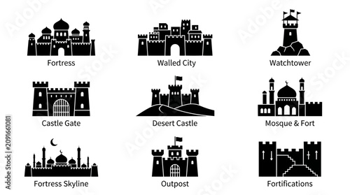 Black and white fortified castle icons.