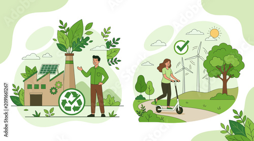 Eco friendly factory and wind turbine renewable energy scene.