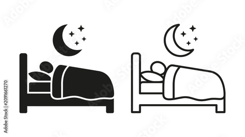 Bild auf Leinwand Sleeping Person With Bed And Moon Icon Black Silhouette Style