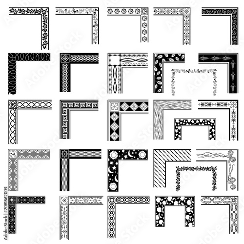 Set of vintage black decorative corner borders and frames isolated on white background.