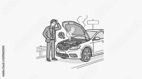 Obraz na płótnie Creative Black and White Sketch of Frustrated Man Standing Next to Broken Down C