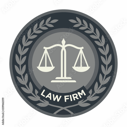 This image features a balanced scale set within a circular emblem, symbolizing the essence of justice, law, and equity in society, surrounded by laurel leaves for honor.