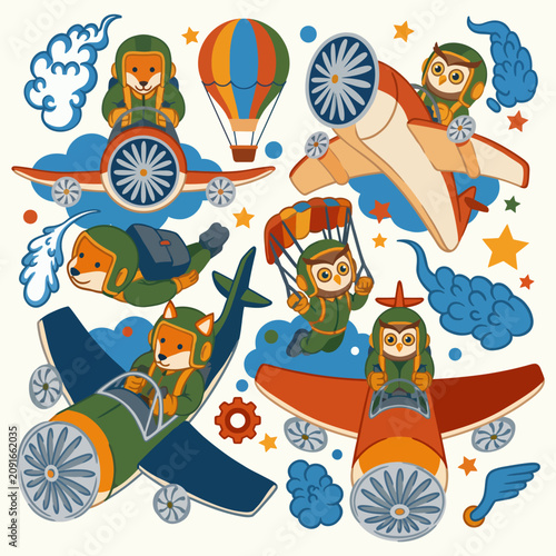 This vibrant illustration features playful animals in vintage aircraft, capturing a sense of adventure and whimsy that sparks joy and creativity in viewers.