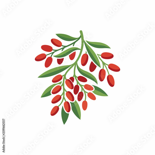 A beautifully illustrated branch of goji berries showcases clusters of vibrant red fruits surrounded by lush green leaves, representing health and natural vitality.