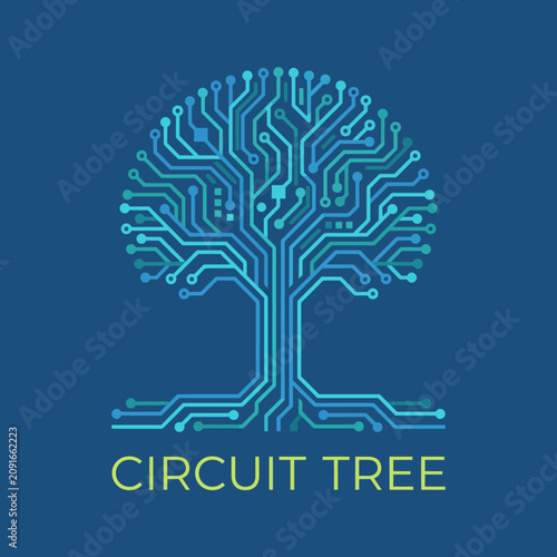 This innovative tree design integrates a circuit board, symbolizing the connection between nature and technology while portraying a modern, sustainable approach to digital art.