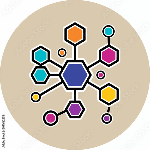 This vibrant abstract network design features various hexagonal shapes and bright colors, symbolizing connection, creativity, and digital communication in a dynamic visual format.