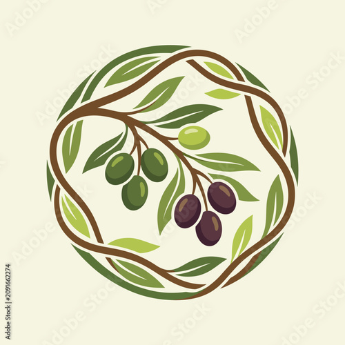 This artistic logo features an olive branch encircled by lush leaves, symbolizing peace, prosperity, and nature's beauty, perfect for eco-friendly brands.
