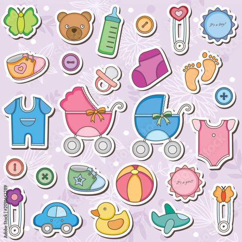 Cute baby shower stickers set with newborn clothes, toys, and accessories.
