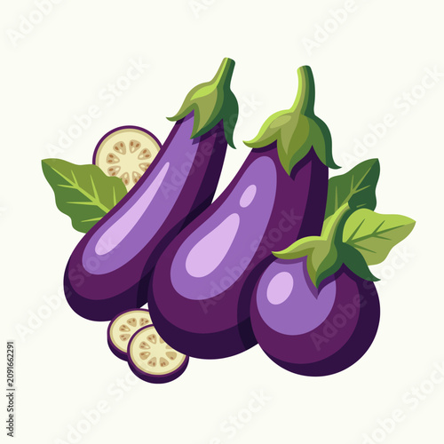 This vibrant artwork showcases fresh purple eggplants along with leafy greens, emphasizing the beauty of healthy foods and their important role in nutrition and cooking.