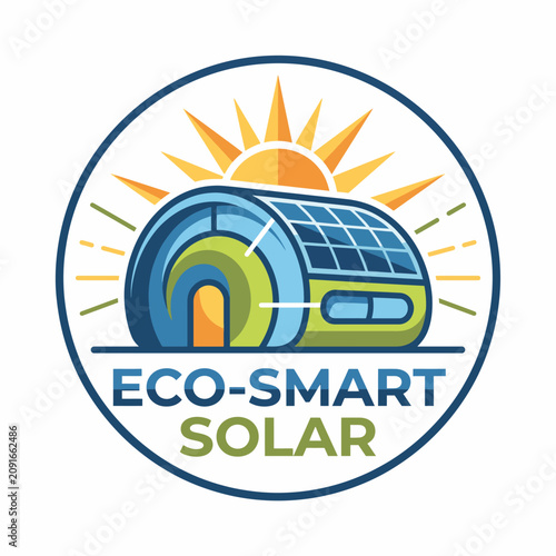 This vibrant logo showcases a modern eco-friendly home with solar panels under a sun, communicating sustainability, renewable energy, and environmental awareness effectively.