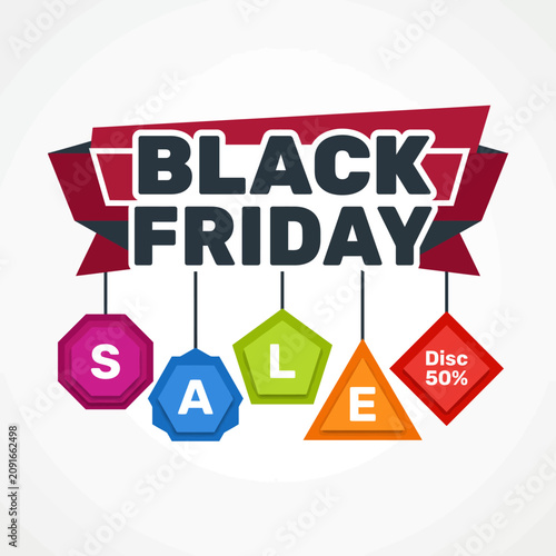A vibrant graphic showcasing a Black Friday sale theme with bold typography and colorful tags, perfect for any promotional material related to shopping events.