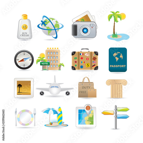 Collection of flat travel, vacation, and summer holiday icons isolated on white.