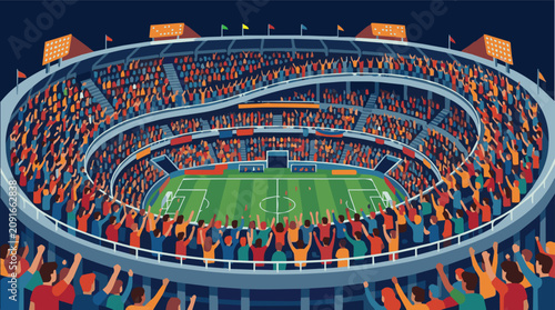 Foto Simple vector illustration of a crowded soccer stadium with thousands of spectators enjoying a football tournament, capturing energy, excitement, and celebration