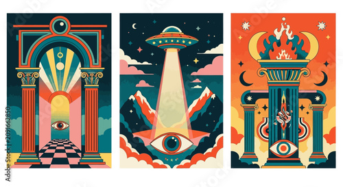 Foto Surrealistic flat vector illustration featuring abstract conceptual elements, geometric patterns, and dreamlike imagery for creative background designs and modern artistic projects