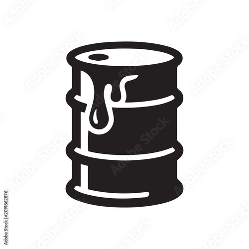 Black and white icon of a metallic industrial oil barrel leaking