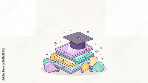 Online learning concept with graduation cap tablet stack digital education e learning knowledge and creative ideas vector illustration