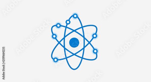 A blue glowing atom symbol representing scientific research and atomic energy concepts
