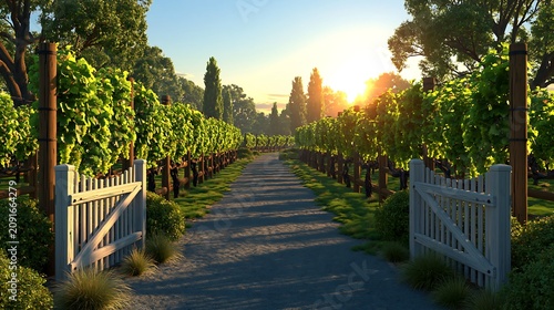 Vineyard landscape at sunrise with sunbeams illuminating rows of grapevines and open gates